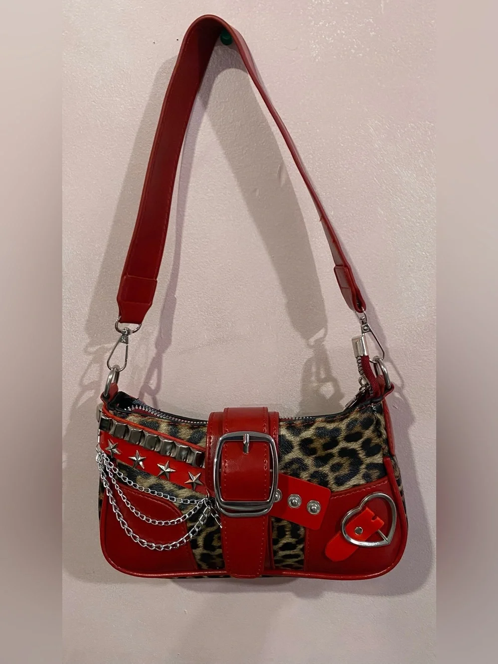 Red Leopard Accent Mini Shoulder Bag with Silver Hardware - Picture 1 of 2